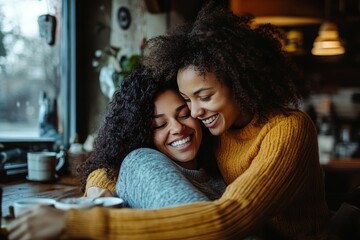 Joyful mother and adult daughter share a heartwarming embrace at home over coffee by the cafe table