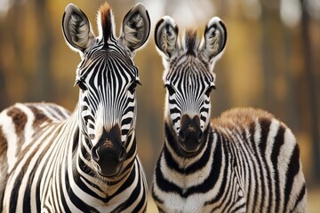 Plains zebra and its adorable foal standing together, facing the camera in a natural habitat