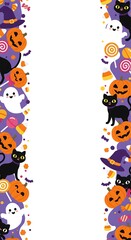 Festive Halloween border design featuring pumpkins, cats, ghosts, and candy on purple.