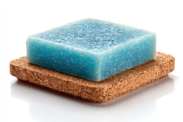 a blue soap bar sitting on top of a cork coaster