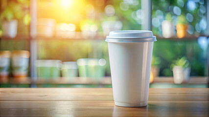 Coffee cup on wooden table with blurred lights background perfect for mockup