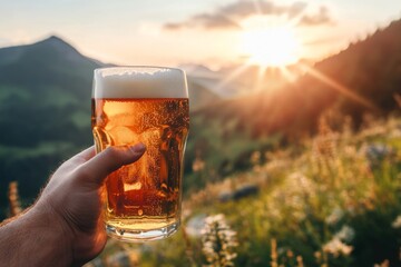 A refreshing beer in hand with majestic mountains and glorious sunlight in the background