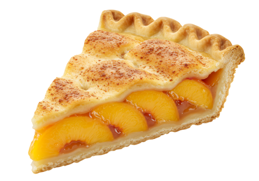 A slice of peach pie on a black background featuring a crimped crust  a lattice top dusted with cinnamon Peach slices are visible in gel filling