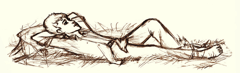 Pencil drawing. Man lying on straw