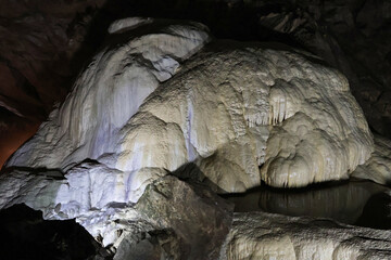 Stunning view of the New Athos stalactite cave in Abkhazia, Georgia. The limestone formations,...