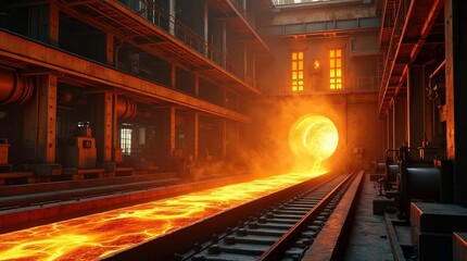 Molten metal flowing with high temperature manufacturing facility in Industrial channel.