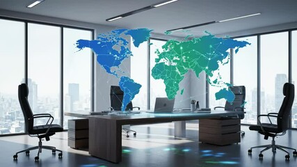 Office with world map overlay desk chairs  laptop in a bright room with a cityscape visible through large windows - Powered by Adobe