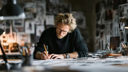Focused Creative Director Sketching Ideas in Artistic Design Studio