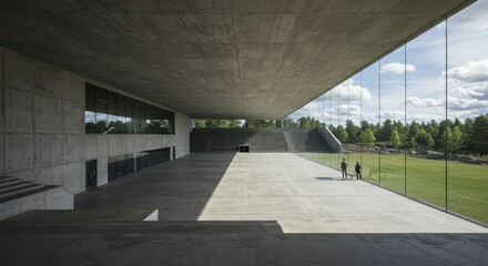Modern concrete building with large glass walls opening to a grassy area