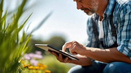 Mature man using digital tablet outdoor in agriculture field, technology and nature concept, casual focus on modern rural lifestyle, summer grass flowers, innovation, internet communication, research - Powered by Adobe