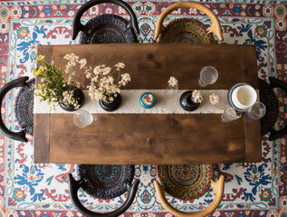 Bohemian Dining with Eclectic Chairs and Patterned Rug