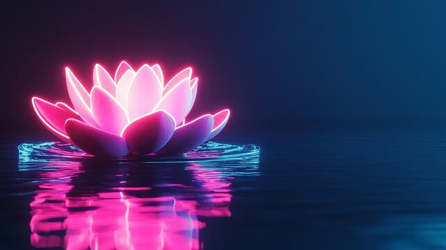 Vibrant colors dance across the water as a glowing lotus flower reflects its beauty