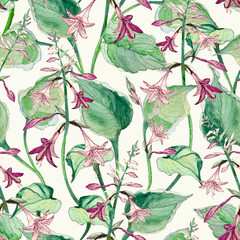 Seamless watercolor pattern with hosta leaves and pink flowers