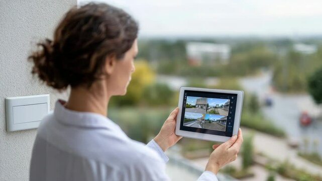 Woman holding tablet with security camera footage, monitoring home surveillance system outdoors, technology for safety and peace of mind, viewing smart home security camera footage, modern technology