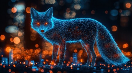 Digital rendering of a glowing fox with illuminated eyes over a cityscape at night