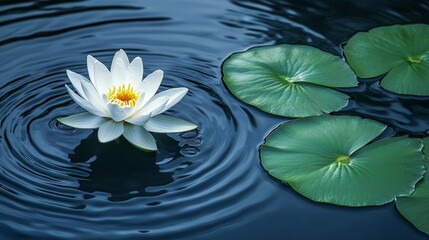 The photo depicts a white lotus flower on the water accompanied by green leaves