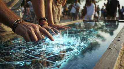 Interactive tourist map with holographic city landmarks and pointers, showing detailed urban layout and streets, with people exploring and engaging outdoors in daylight
