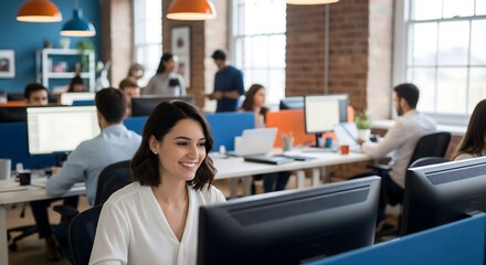 Happy businesswoman smiles while working on computer in open office space with coworkers in the background.