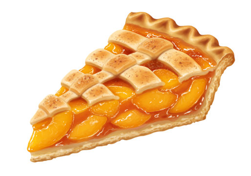 A slice of peach pie with a lattice crust on a black background