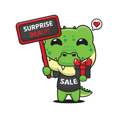 cute crocodile with promotion sign and gift box in black friday sale cartoon vector illustration