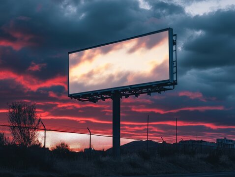 A large, empty billboard stands against a dramatic, colorful sunset sky. - Powered by Adobe