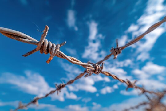 Blue sky with barbed wire Migrant issues Social challenges