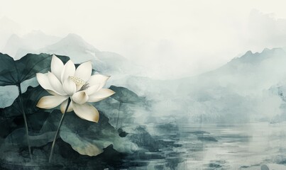 White lotus blossoms are illustrated floating on a pond in a painting with artistic water reflections