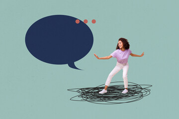 Banner image poster photo collage of happy girl guy stand communication icon phrase correspondence...
