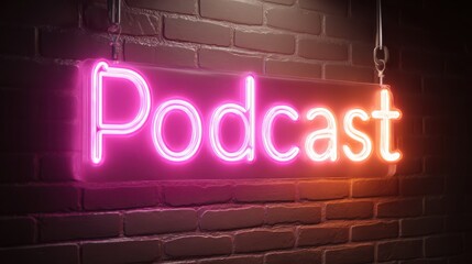 Obraz premium Bright neon podcast sign for audio streaming and broadcasting themes
