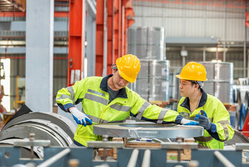 Two industrial workers wea yellow safety helmets and reflective jackets examining a metal sheet in a busy manufactu factory with machinery and storage tanks in the background