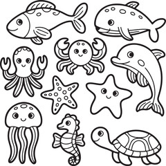 Sea Creatures Doodle Vector Set in Childlike Hand Drawn Style
