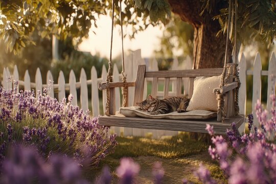 Cat relaxing on a swing in a lavender garden during golden hour