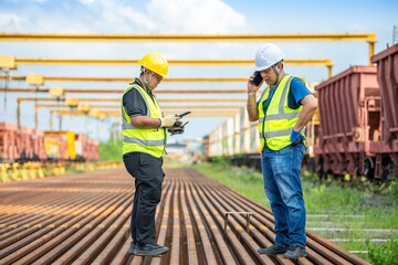 Talk and Plan with Tablet Phone at Railway Construction Site Safety and Technology Railway Construction Site Inspection by Engineers Working on Rail Project for Transportation Infrastructure Planning