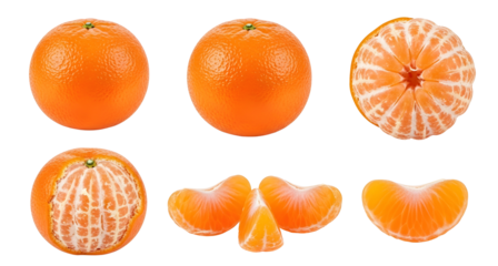 Fresh mandarin orange citrus fruit whole peeled segments isolated on transparent background