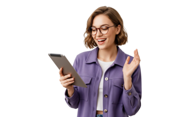 young business woman funny and looking at tablet