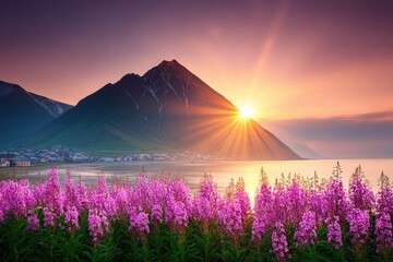 Dramatic sunset over a fjord town, mountains, and wildflowers.  Sunrise rays illuminate peaks.  Pastel colors