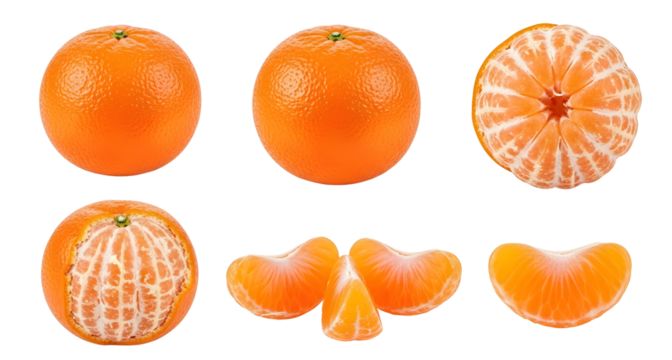Fresh mandarin orange citrus fruit whole peeled segments isolated on transparent background