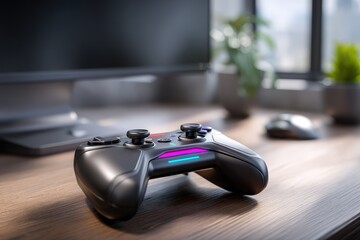 Gaming controller on wooden desk with computer monitor and plants in a modern workspace