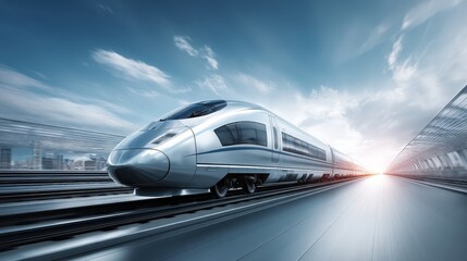 High-speed train traveling on modern tracks under a clear sky