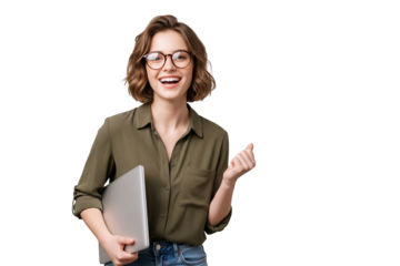 young woman holding laptop and showing thumbs up sign
