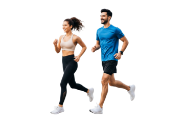 young couple running together on white