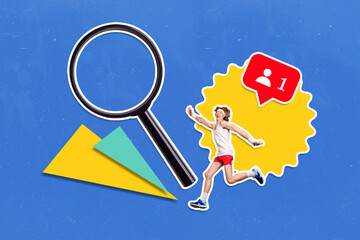 Image trendy art banner collage of happy businessman wear sportswear run magnifier lens vacancy...