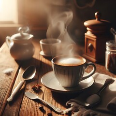 Fototapeta premium Aromatic Steaming Hot Coffee Cup Resting on a Saucer with a Spoon and Knife on a Rustic Wooden Table with Natural Light Filtering Through a Window Creating a Cozy Morning Atmosphere