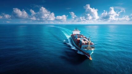 Cargo ship navigates calm waters under a sunny sky with clouds in the background
