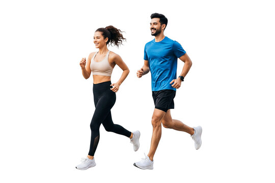 young couple running together on white