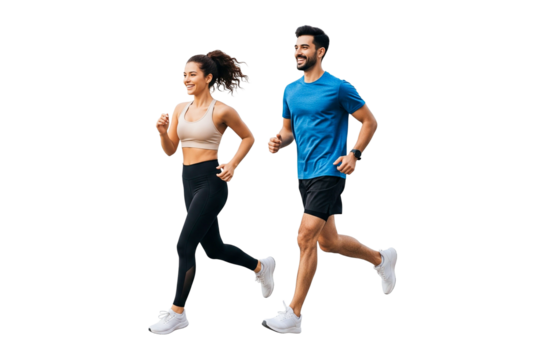 young couple running together on white