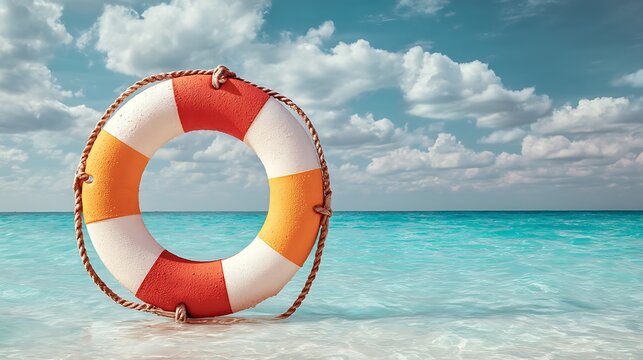 Vibrant Lifebuoy Against a Serene Oceanic Background .