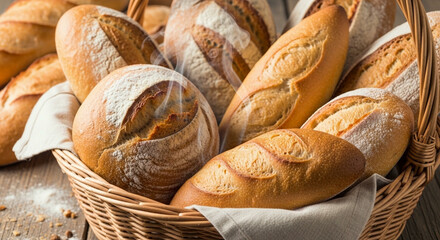 A large wicker basket overflowing with a variety of freshly baked artisanal bread, including baguettes and loaves
