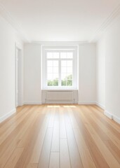 Fototapeta premium White empty room with a wooden floor and a window free copy space background wallpaper Empty room interior design architecture blank design room