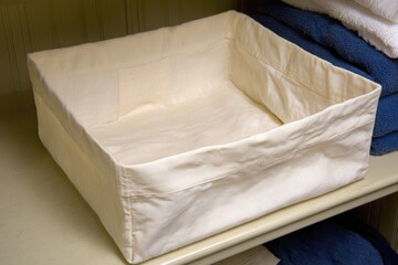 Cream-colored fabric storage box on shelf